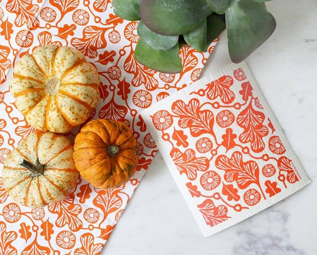 Swedish Dishcloth & Tea Towel Bundle - Oak Leaf - Orange